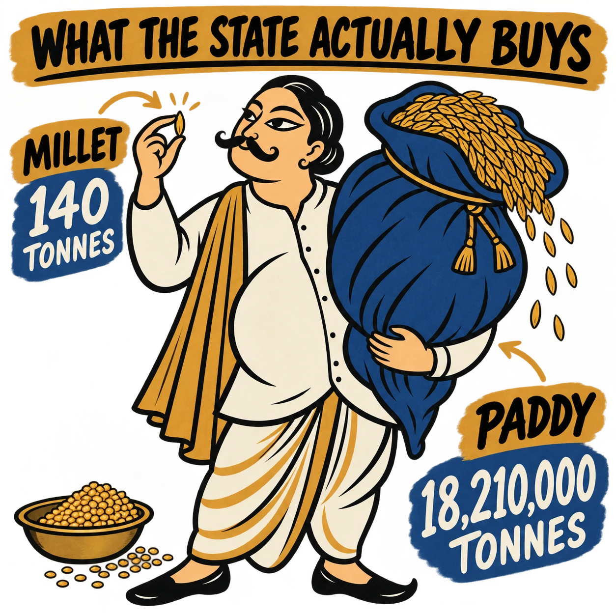 A Kalighat-style painting of a stout Calcutta babu cradling an enormous sack of paddy in one arm while holding a single grain of millet up between finger and thumb, admiring it.