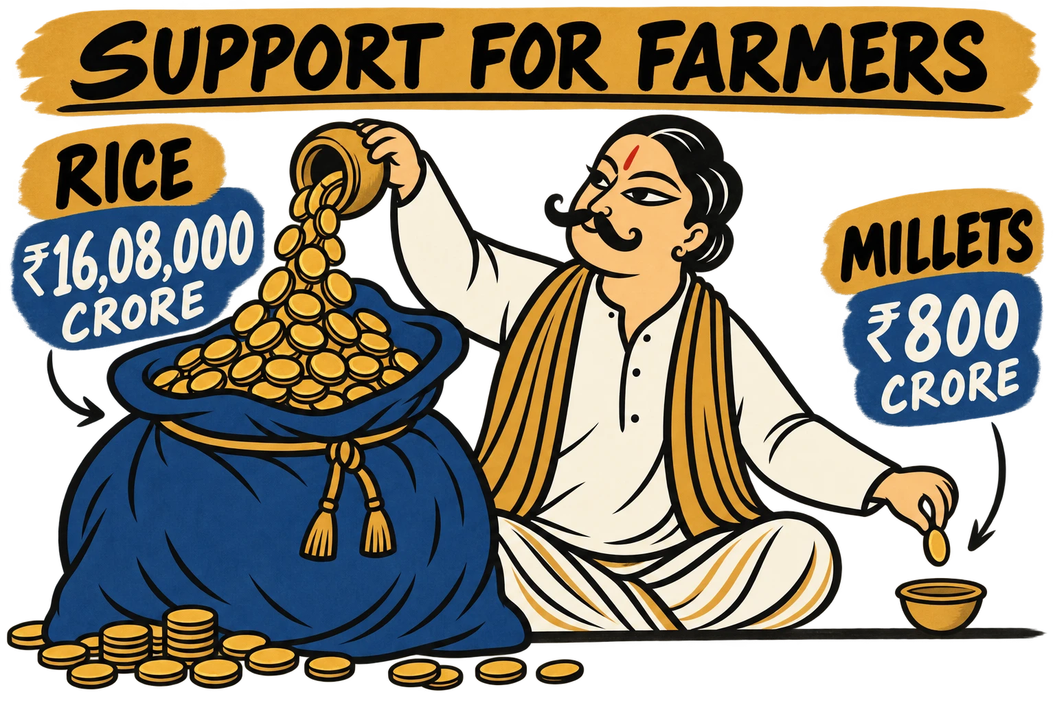 A Kalighat-style painting of a merchant pouring a stream of coins into an enormous sack with one hand while holding a single coin over a tiny bowl with the other. He is looking at the sack.