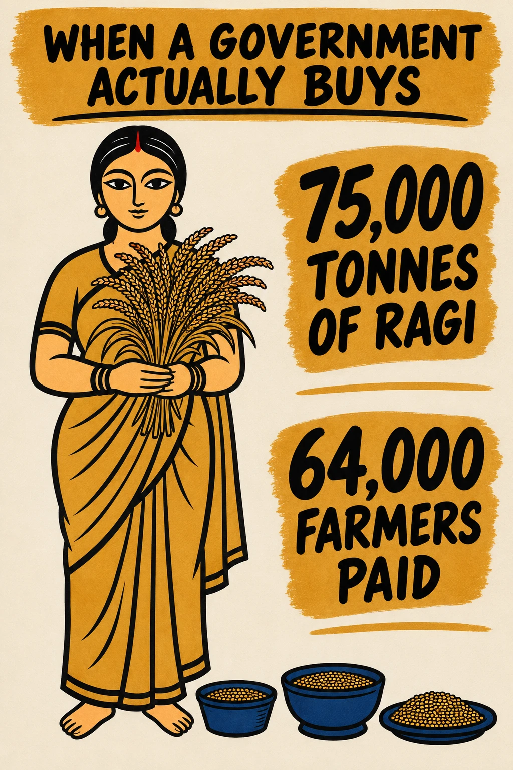 A Kalighat-style painting of a woman holding a full ragi plant upright in both hands, with a ration measure, an anganwadi bowl and a school meal plate at her feet.