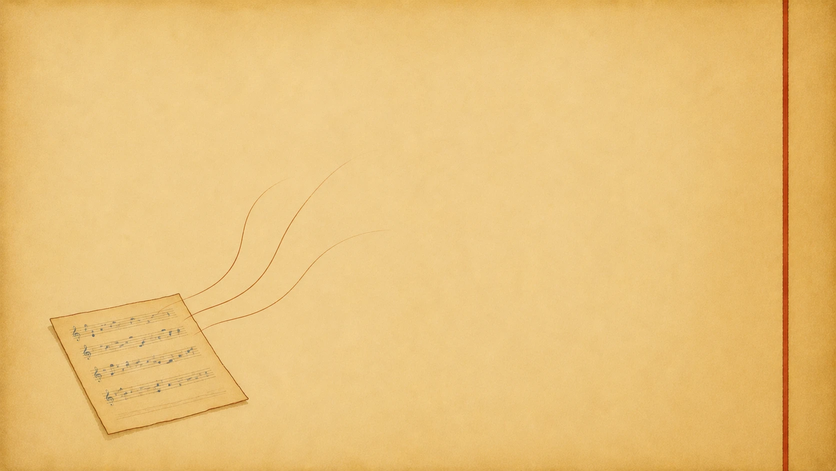 A single painted sheet of music at the lower left, three thin lines drifting up and to the right and fading away well before they reach the empty field beyond.