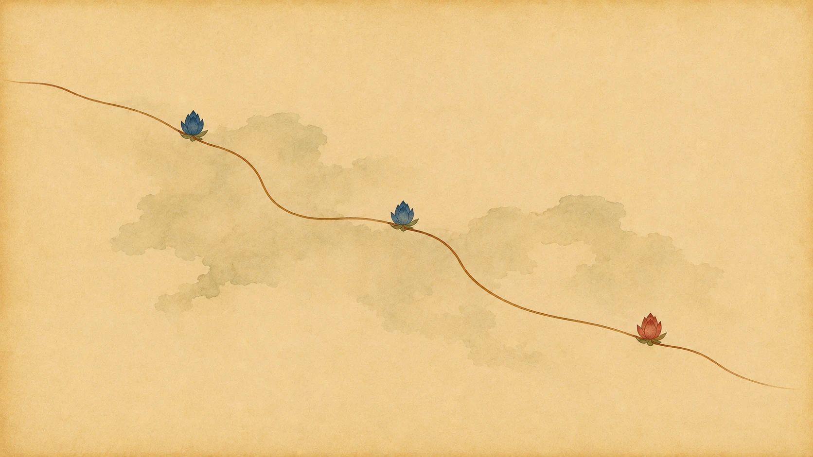 A slender painted line arcing across the frame with three lotus buds marking waypoints, over a faint ghosted landmass.