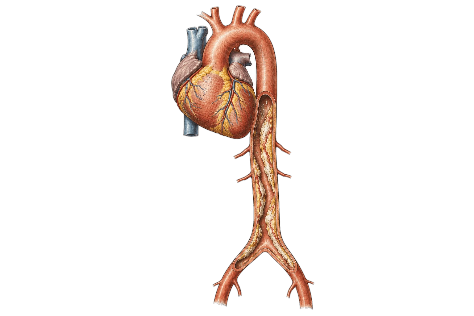 Anatomical drawing of the heart and aorta. The ascending aorta and arch are smooth; the descending and abdominal aorta, cut open, are lined with yellow and chalky white plaques.