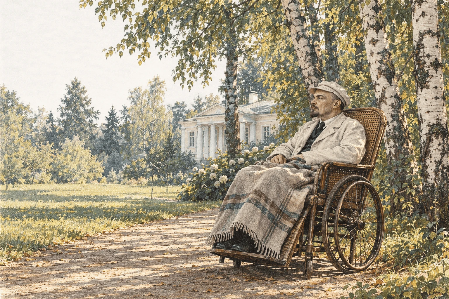 Lenin, thin and quiet, in a wicker wheelchair under birch trees on a garden path at Gorki, a blanket over his knees, a white-columned manor house behind him.