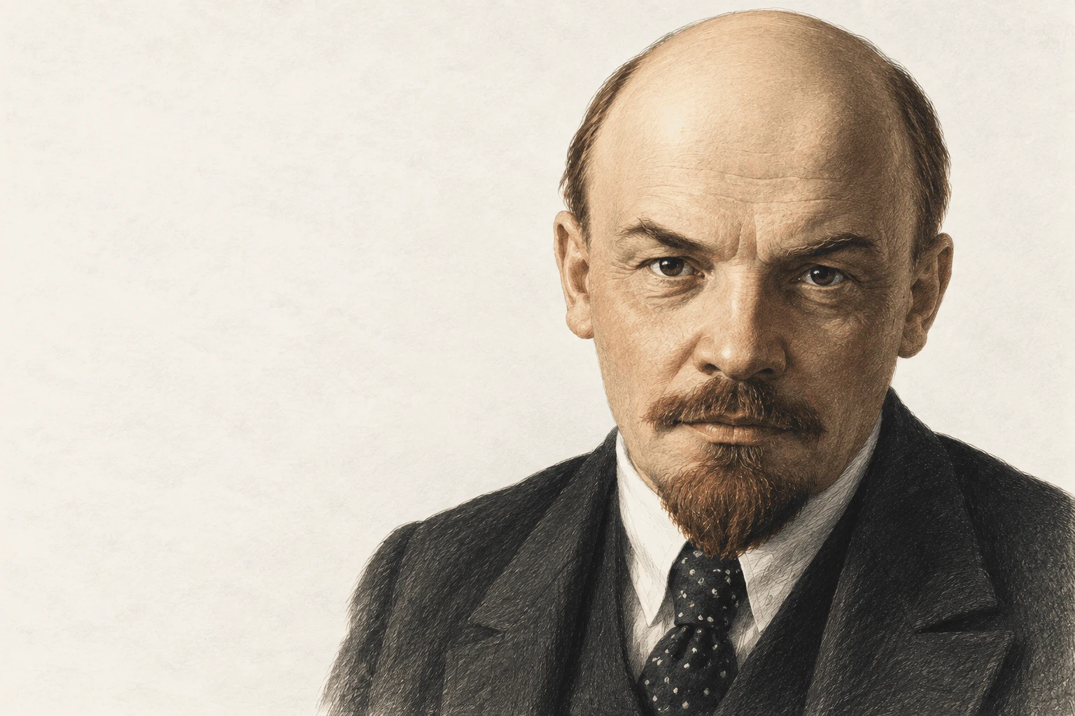 Portrait of Lenin in his early fifties, bald-crowned, with a reddish goatee, dark suit and polka-dot tie, looking straight at the viewer.