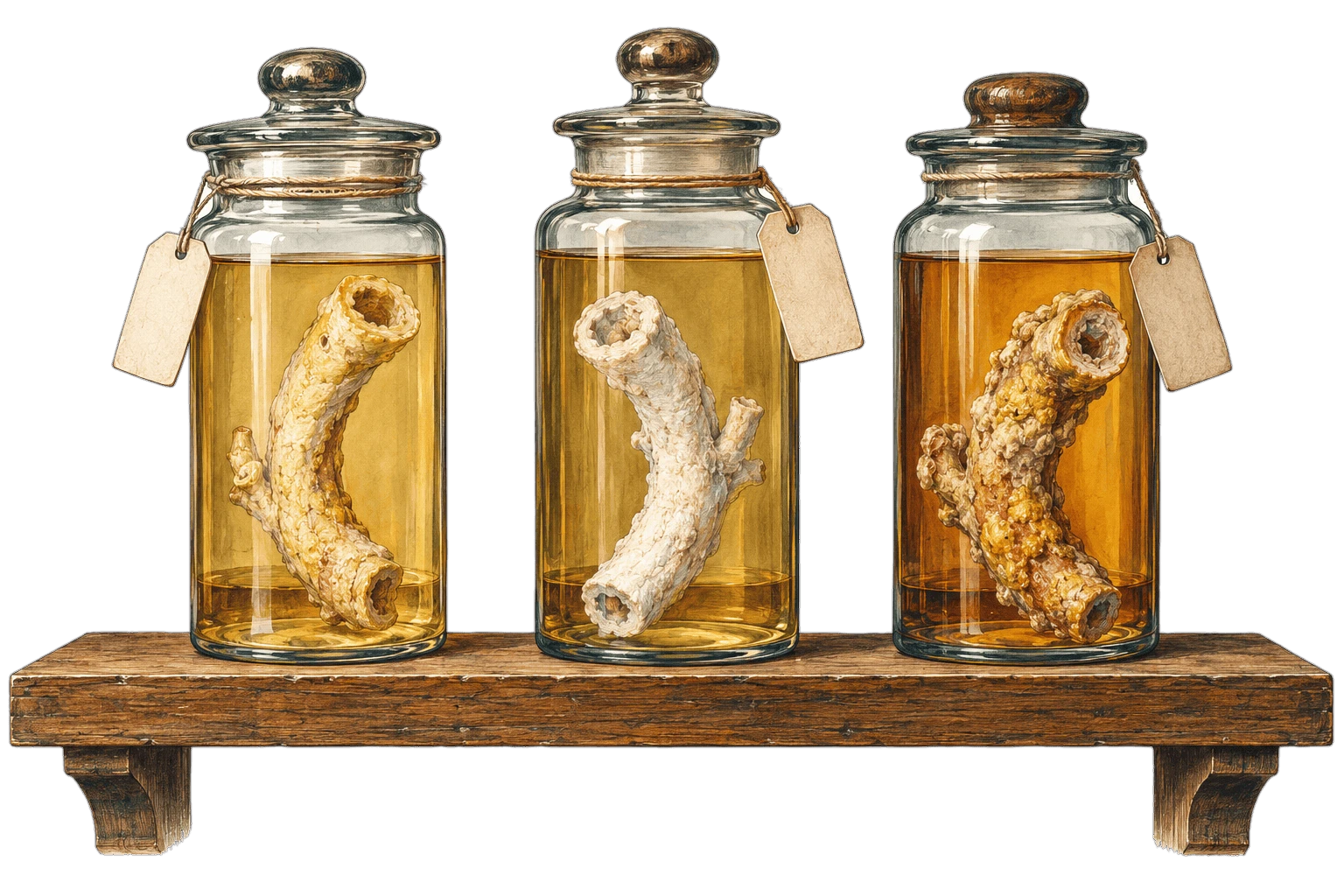 Three glass specimen jars on a wooden shelf, each holding a hardened, chalky segment of artery in amber fluid, each with a blank paper tag.