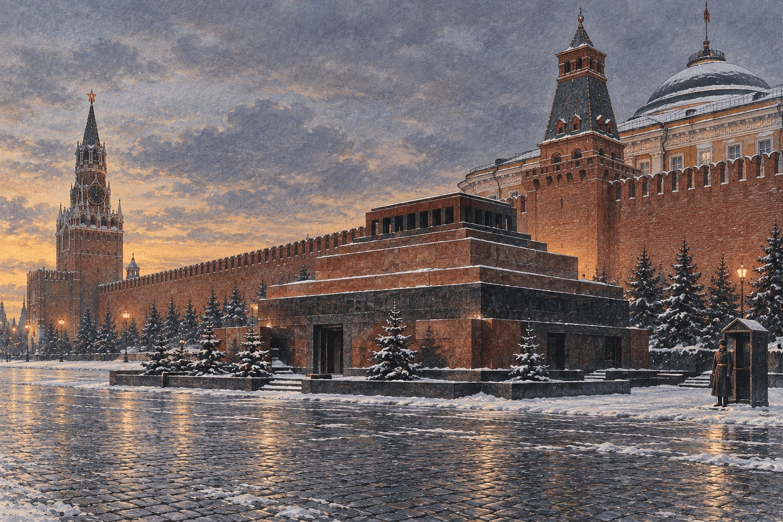 The red and black granite Lenin Mausoleum on Red Square at winter dusk, snow on its steps, the Kremlin wall and towers behind, a lone guard at a sentry box.