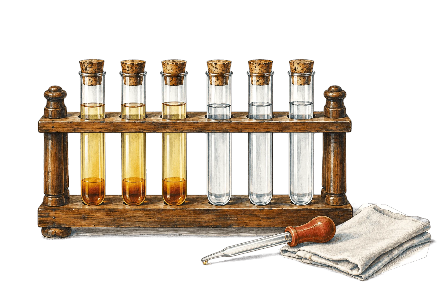 A wooden rack of stoppered test tubes, three holding straw-coloured serum, three holding clear fluid, with a glass dropper and a folded cloth beside it.