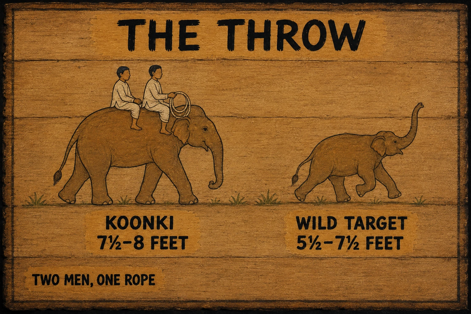 Painted bark plate titled The Throw. A tuskless koonki, bare backed, carries two riders, the front one holding a coil of jute rope; a smaller wild elephant runs ahead with its trunk raised. Labelled: koonki 7½–8 feet, wild target 5½–7½ feet, two men, one rope.