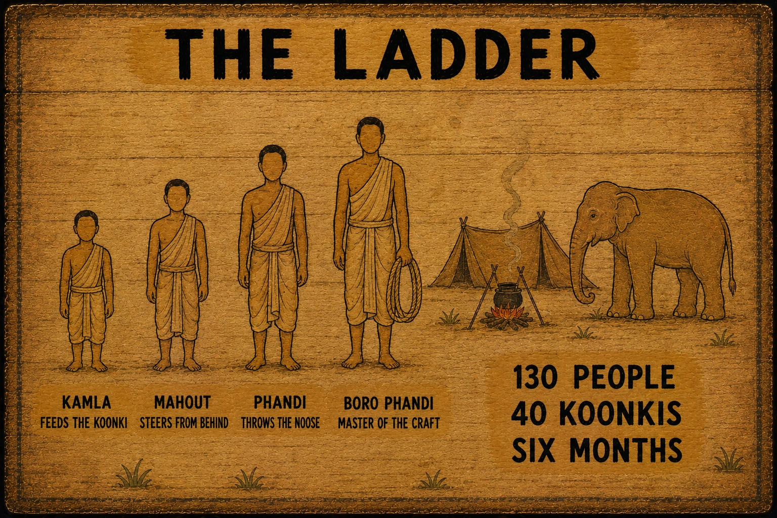 Painted bark plate titled The Ladder. Four men of ascending height stand beside a camp of two tents, a cooking fire and one tuskless elephant. Labelled: kamla, feeds the koonki; mahout, steers from behind; phandi, throws the noose; boro phandi, master of the craft; 130 people, 40 koonkis, six months.