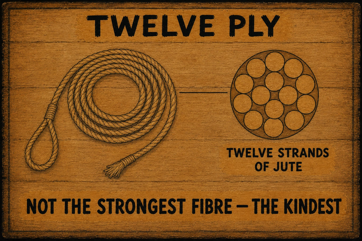 Painted bark plate titled Twelve Ply. A coiled jute rope with a running noose at one end, beside a large cross-section showing twelve strands packed in a ring. Labelled: twelve strands of jute; not the strongest fibre — the kindest.