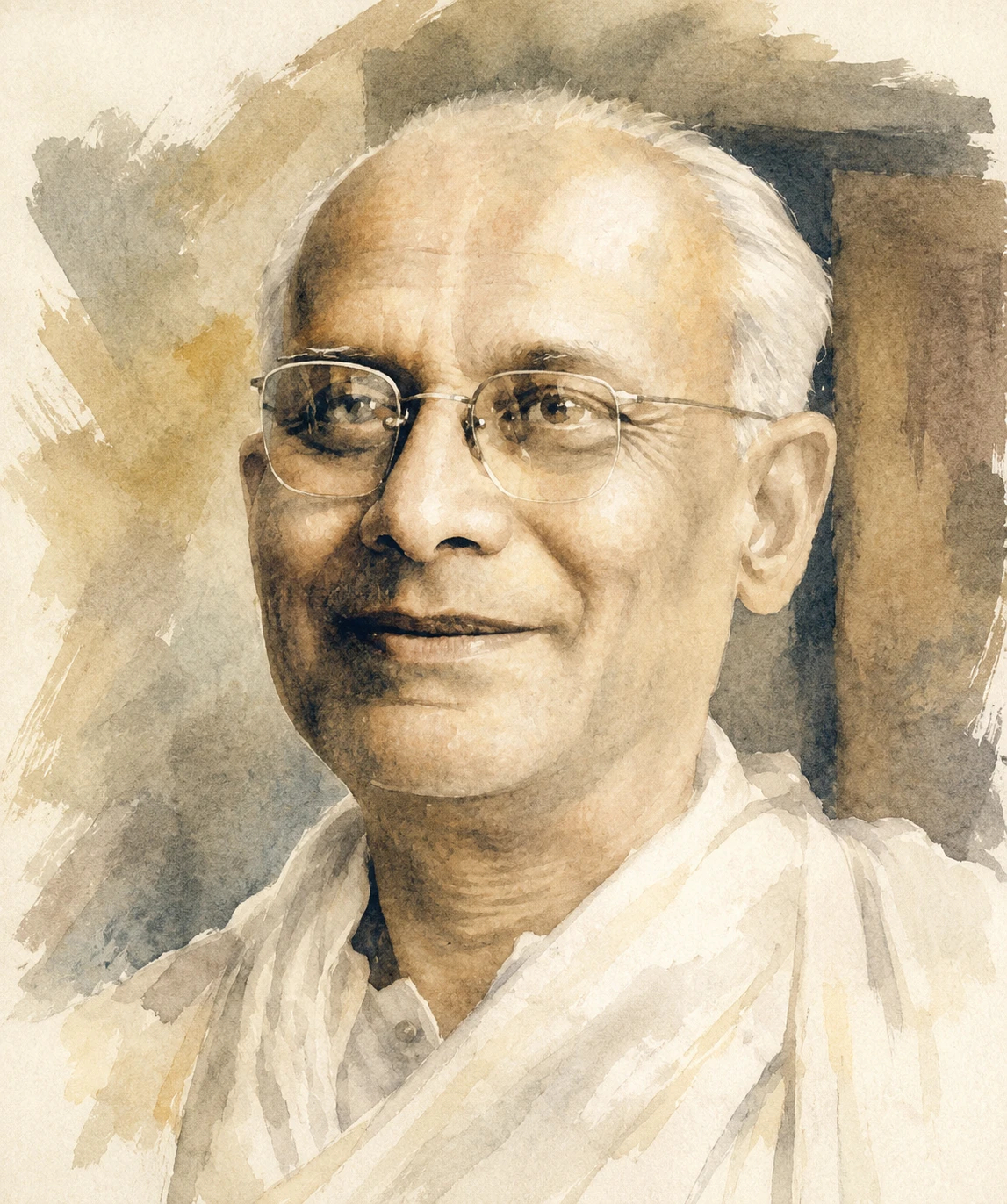 A watercolour portrait of Rathindranath Tagore in later life, wearing spectacles and a white shawl.