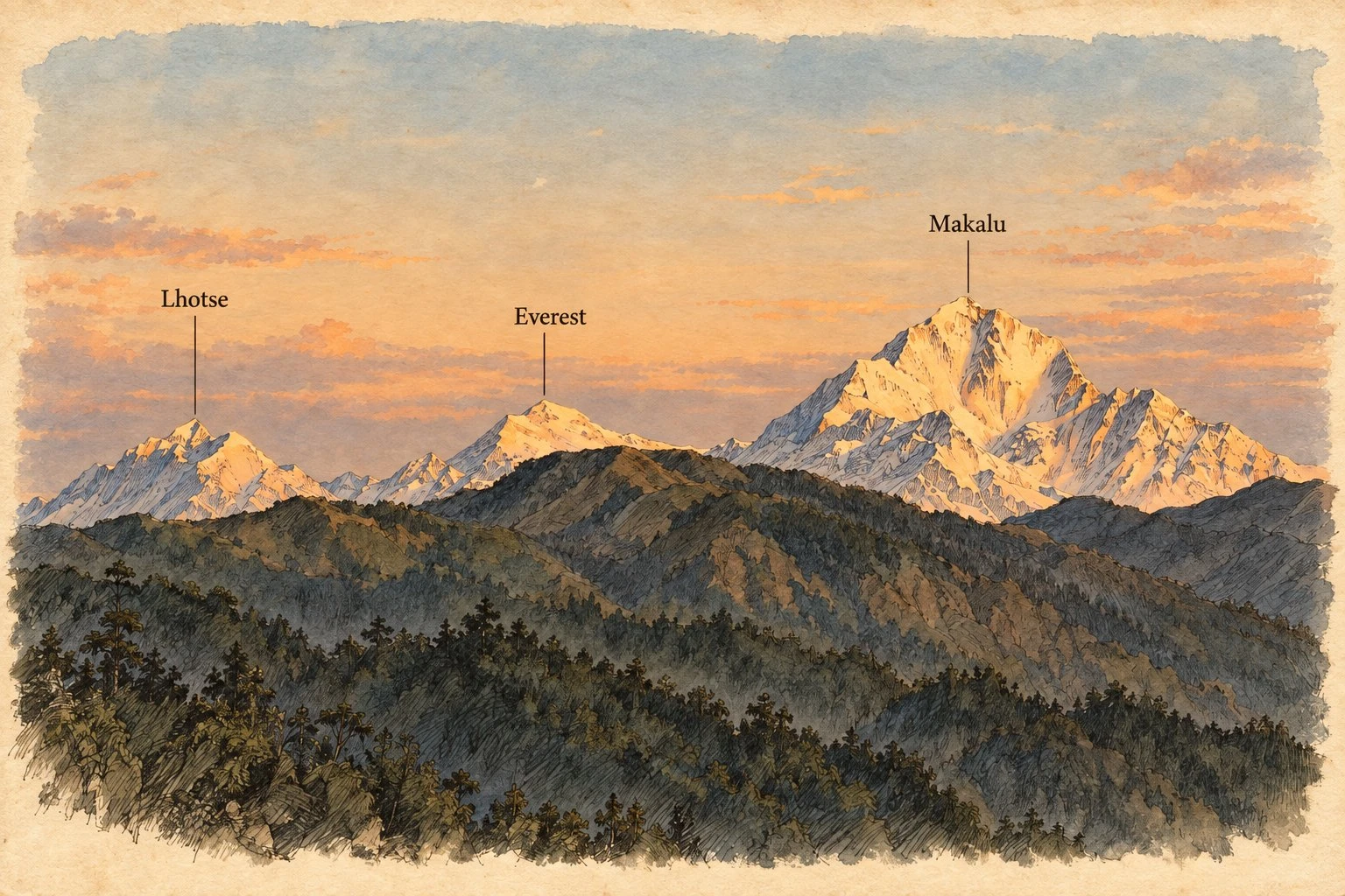 Illustration in ink and watercolour of snow peaks at sunset beyond forested ridges, labelled Lhotse, Everest and Makalu; Makalu, on the right, looms largest.
