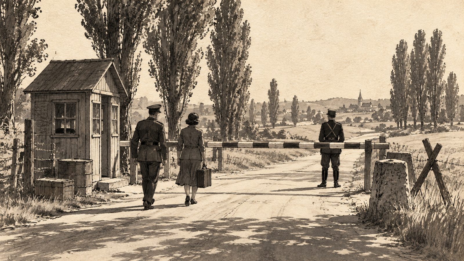 Sepia illustration of a policeman and a woman with a suitcase walking toward a French gendarme at a striped road barrier