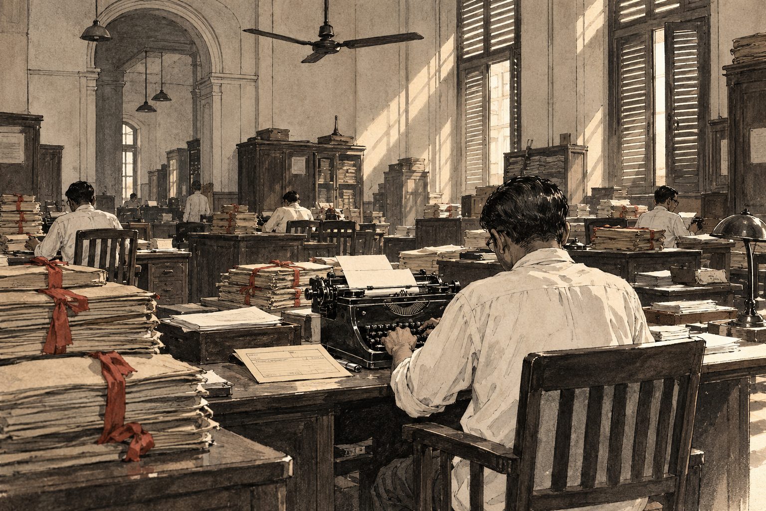 Sepia illustration of a large government office with clerks at typewriters and stacks of files tied with red tape